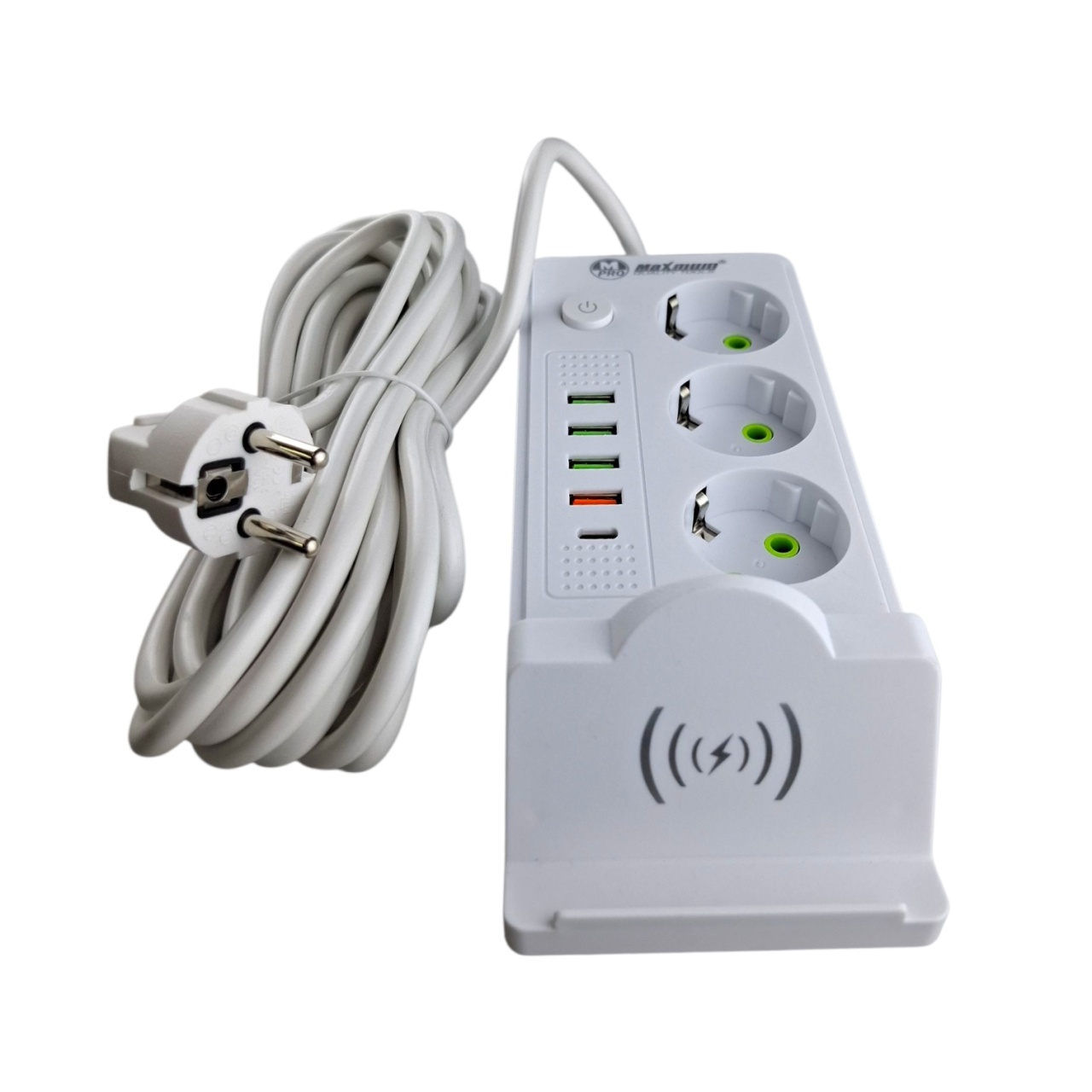Удлинитель сетевой белый с беспроводной зарядкой 5 метров, 3 евро розетки, 4 USB порта, Type C, 2500 оптом