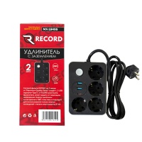 Удлинитель с заземлением 2 м, 3 Евро розетки, 2 USB порта, Type C, &quot;RECORD&quot; MX 18495 оптом